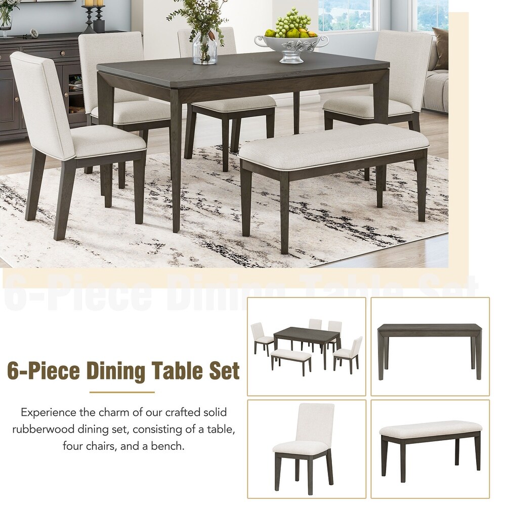 Farmhouse Style 6 Piece Solid Wood Dining Table Set w/ 60\