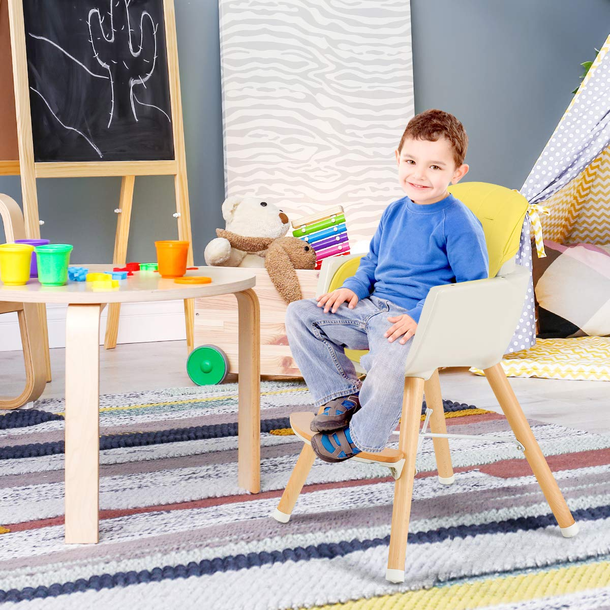 BABY JOY Convertible Baby High Chair, 3 in 1 Wooden Highchair/Booster/Chair with Removable Tray (Beige)