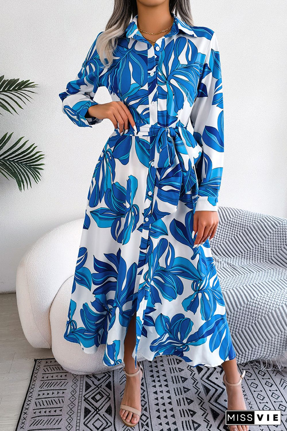 Contrast Print Button UP Split Shirt Dress