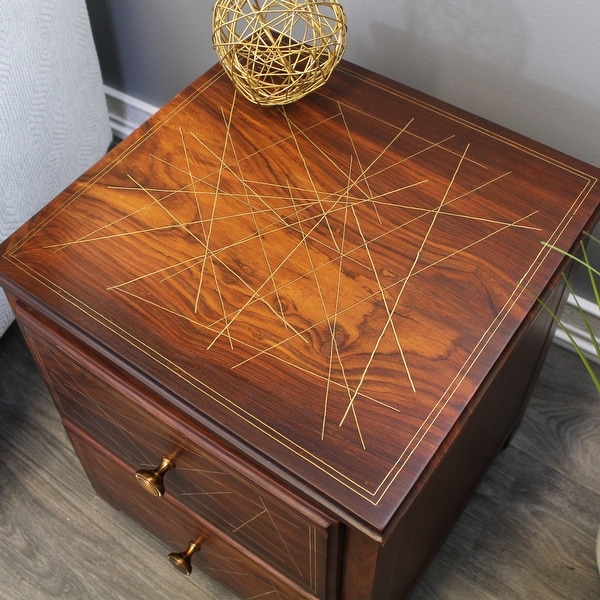 Natural Geo Rosewood Square End Table - Abstract Golden Brass Inlay