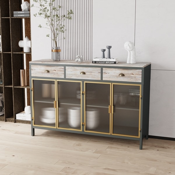 Modern Sideboard with 3 Top Drawers and 4 Glass Doors