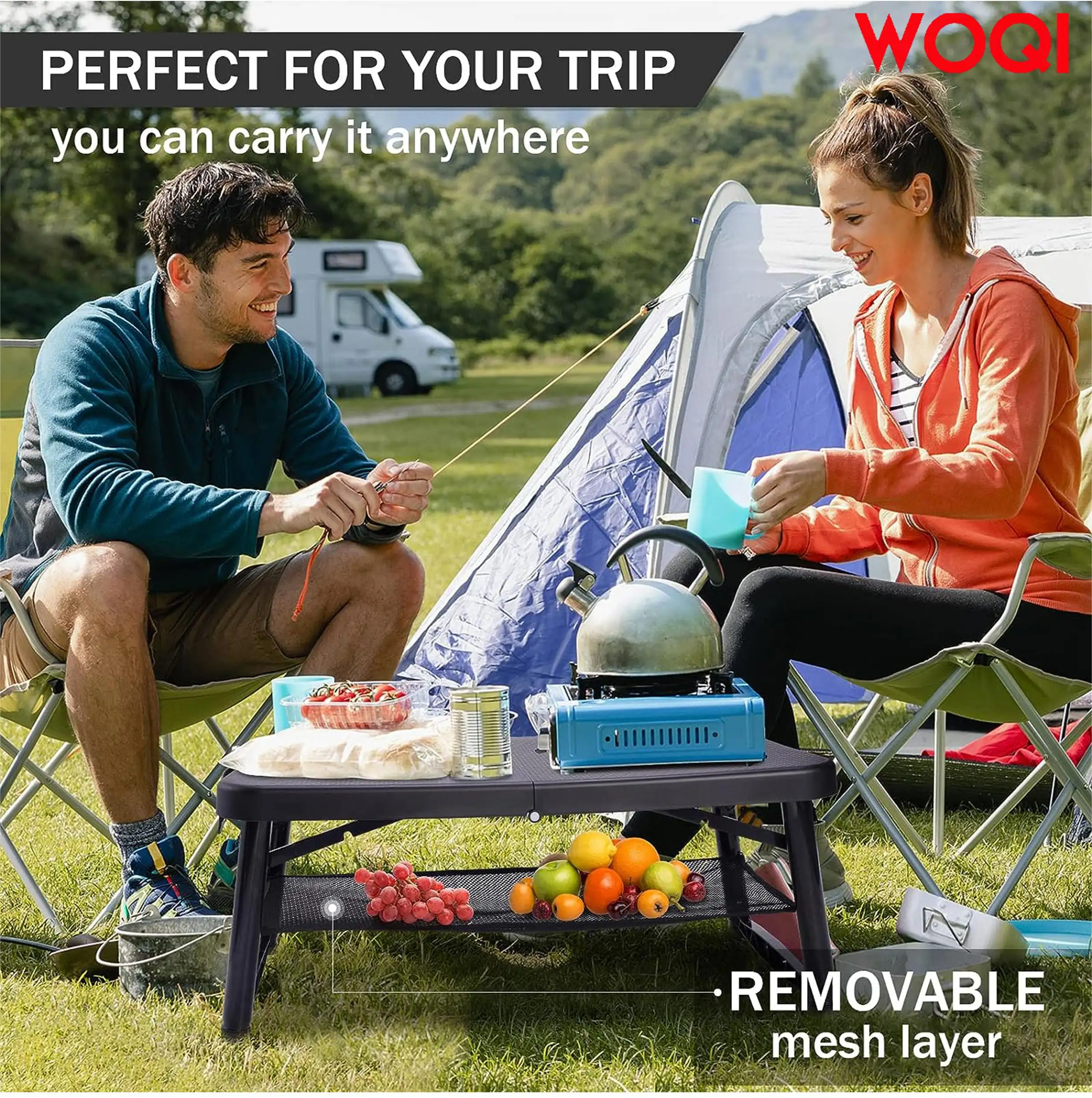 WOQI Folding Camping Table Portable   Adjustable  Height with Grid Layer Folding Table  Outdoor Barbecue Picnic Beach