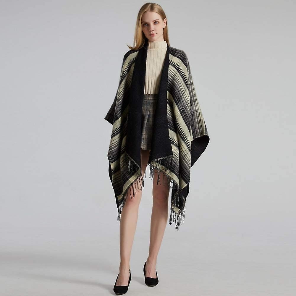 Women's Tassel Plaid Poncho Pashmina Shawl Wrap Cape Sweater Black -