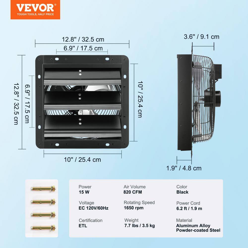 VEVOR Shutter Exhaust Fan 10 in. 820 CFM 10-Speed Adjustable Wall Mount Attic Fan Ventilation and Cooling for Greenhouses BYCSPQSDJEC10VE89V1