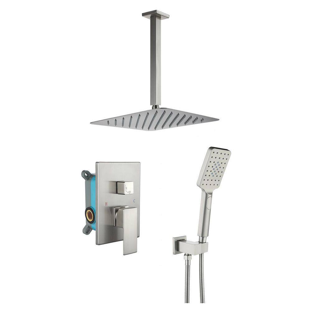 Flynama 2-Spray Patterns 2.2 GPM 12 in. Ceiling Mount Rain Dual Shower Heads with Shower Head and Hand Shower in Brushed Nickel W98105BN-12