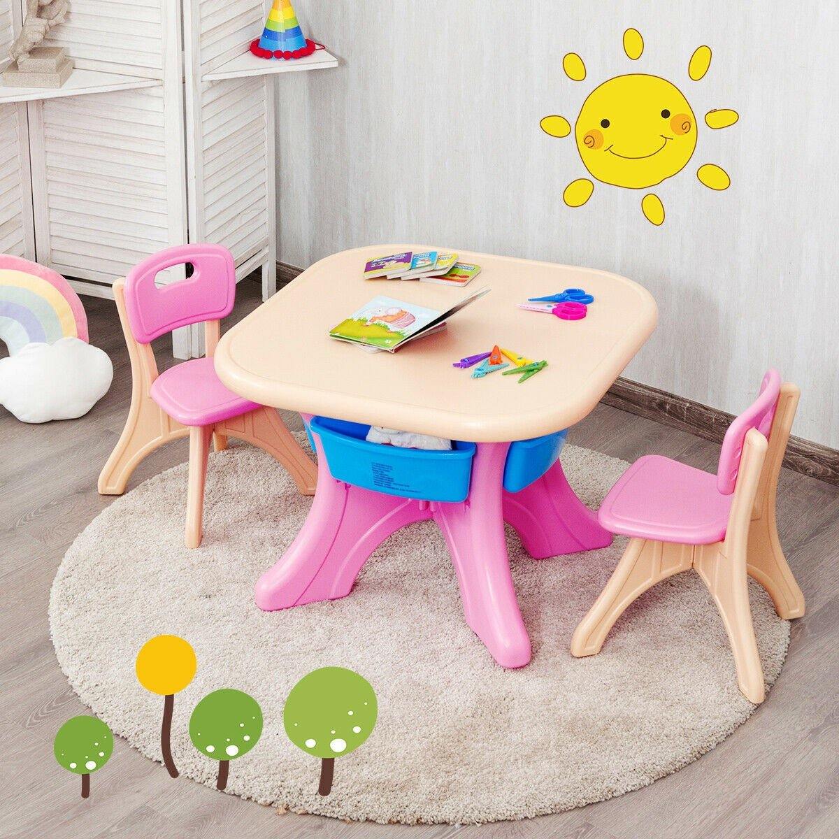 Plastic Children Kids Table & Chair Set 3-Piece Play Furniture In/Outdoor