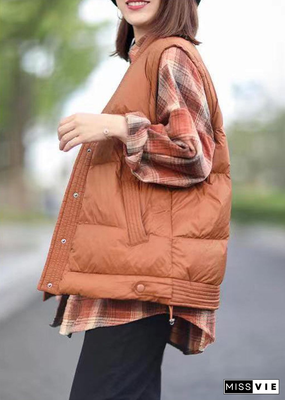 Loose Orange V Neck Pockets Patchwork Duck Down Waistcoat Sleeveless