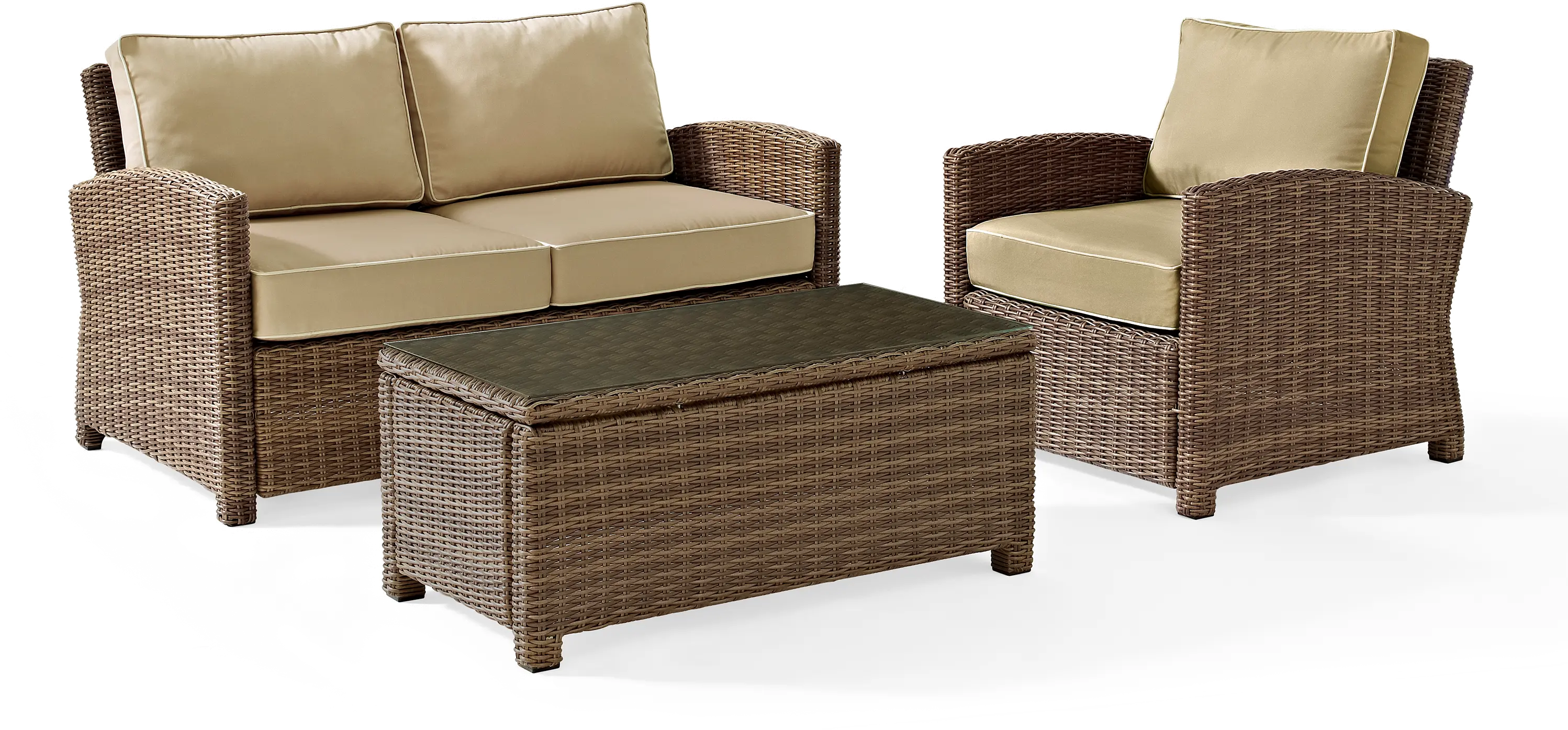 Bradenton Sand and Wicker 3 pc Loveseat， Armchair， and Table