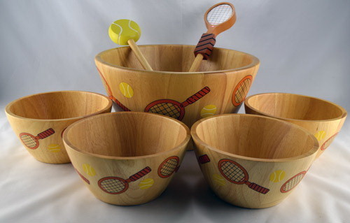 Wood Hand Painted Tennis Design Salad Bowl Set of ...