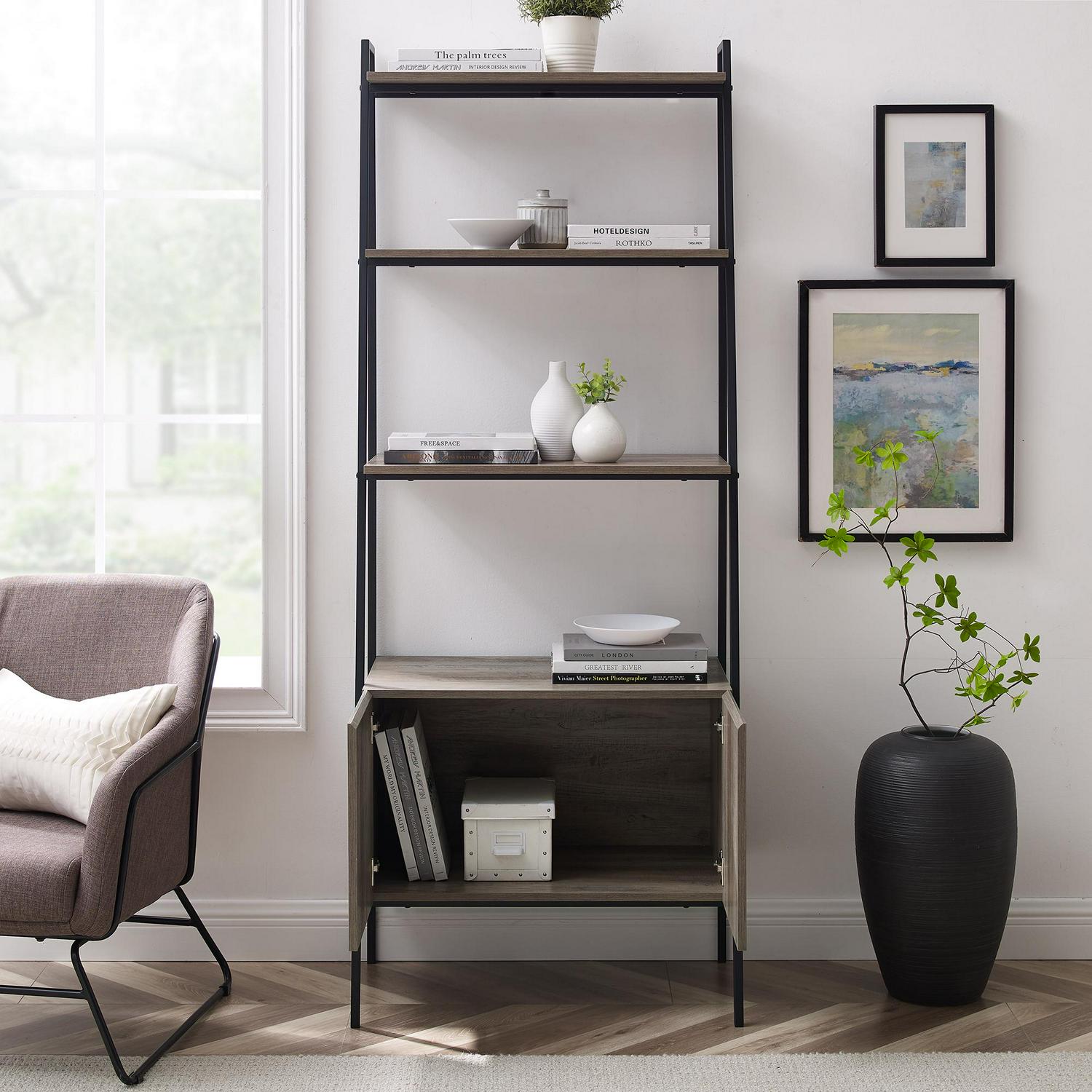 Woven Paths Urban Industrial 4-Shelf Ladder Bookcase， Grey Wash