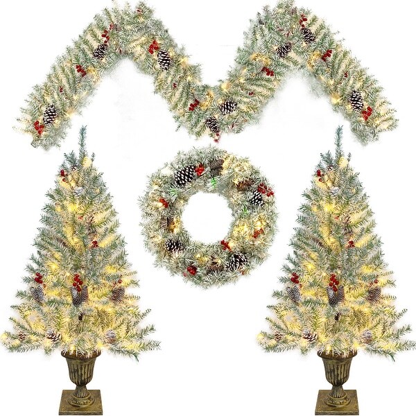 Prelit Xmas Tree Artificial Christmas 4Piece Set，Garland，Wreath and Set of 2 Entrance Trees Xmas with LED Lights