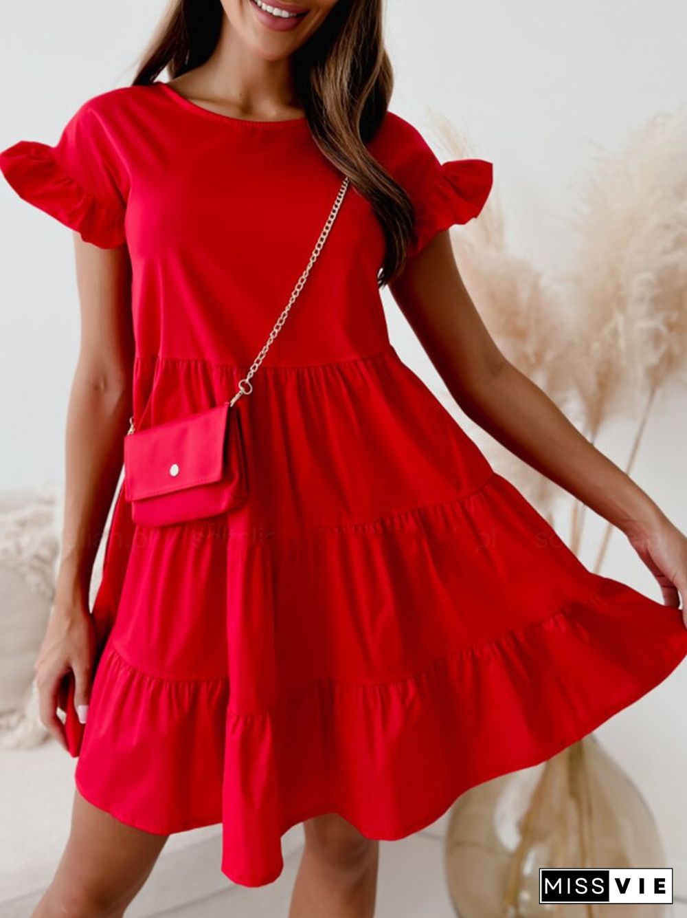 Fashion Simple Ruffles Loose Hem Dress Elegant Casual Solid Pleated A-Line Dress New Summer O Neck Short Sleeve Mini Party Dress