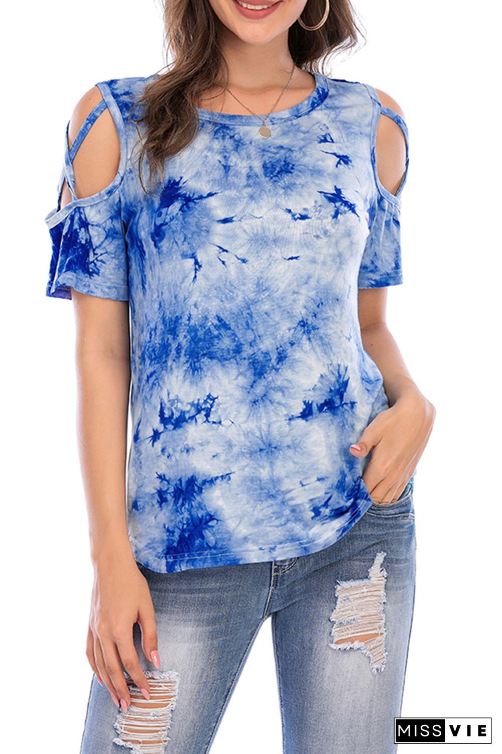 Criss-Cross Short Sleeve Crew Neck Tie Dye T-Shirt Wholesale