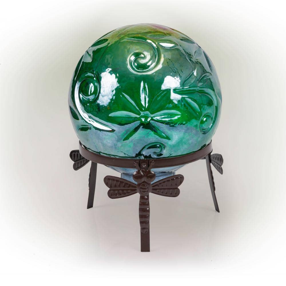 Alpine Corporation 13 in. Tall Indoor/Outdoor Pearlized Green Glass LED Gazing Globe with Stand HGY112A-GN