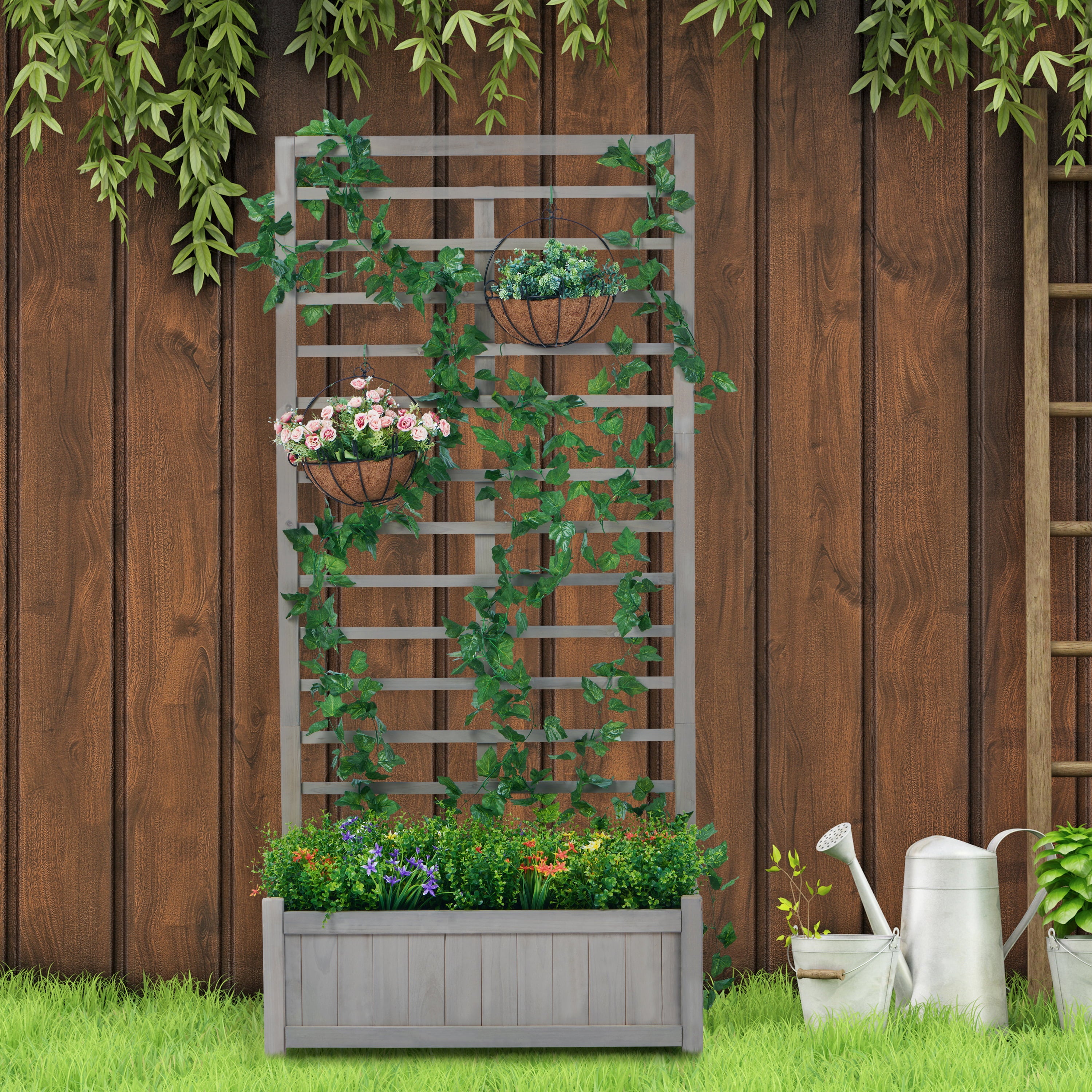 D-road 31.5x16x67" Wooden Raised Garden Bed W/ Adjustable Trellis, Climbing Racks Patio Planter Box, Gray