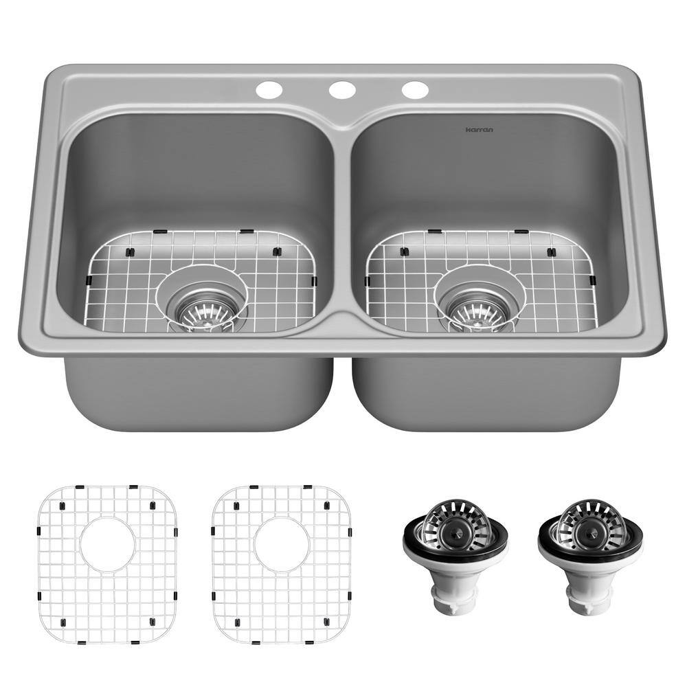 Karran PT35 18-Gauge Stainless Steel 33 in. Double Bowl Drop-In Kitchen Sink Kit PT35-PK1