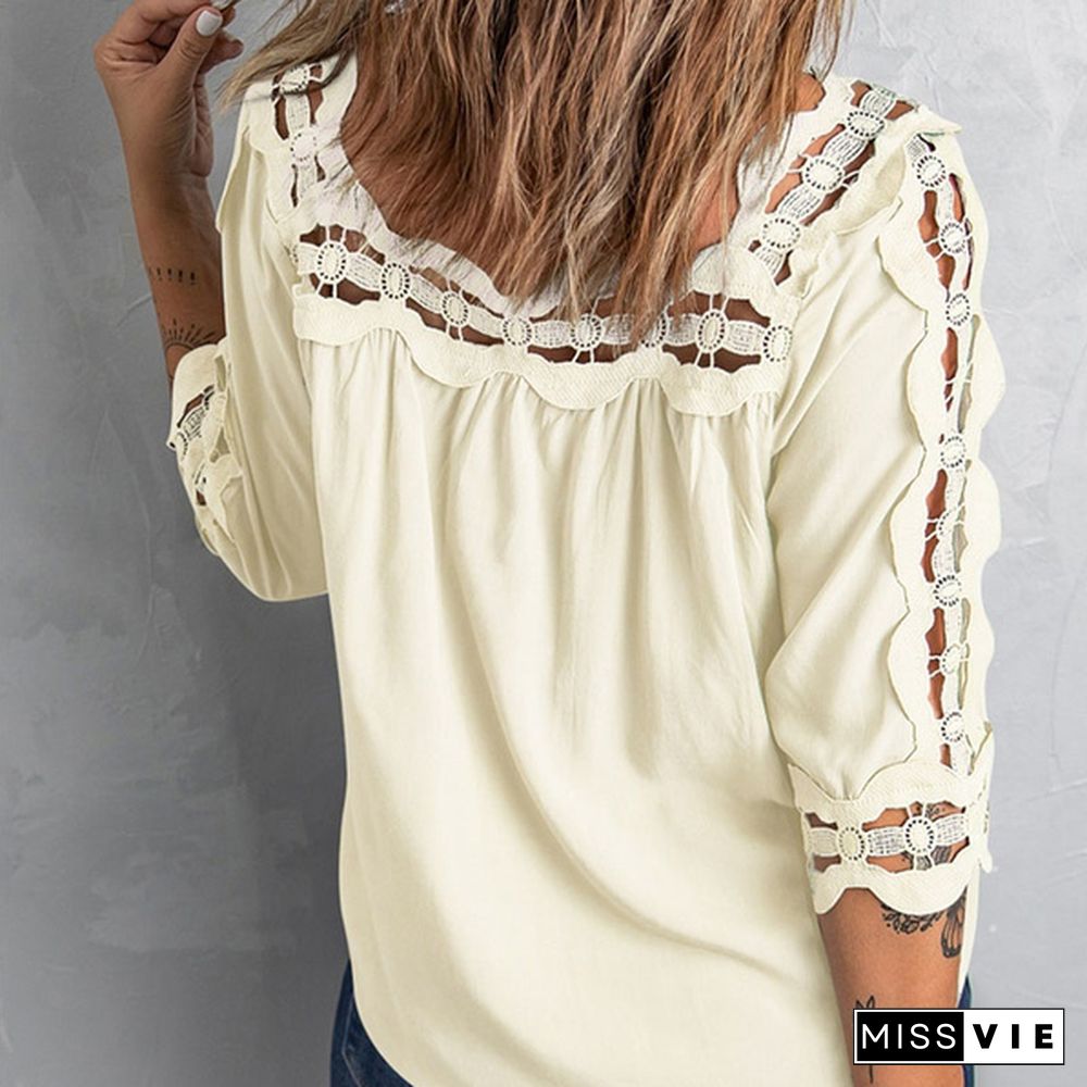 Spring and Summer Women's Stitching Lace Loose Top Casual Mid-sleeve T-shirt