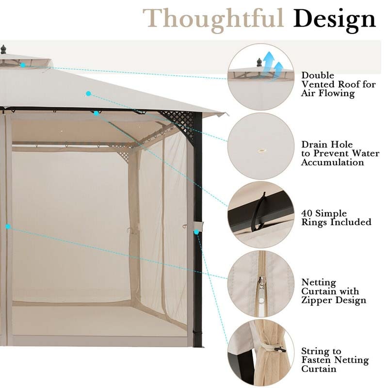 12 x 10 FT Patio Metal Gazebo with Netting & 2 Tier Roof, Heavy Duty Outdoor Canopy Gazebo Tent for Party