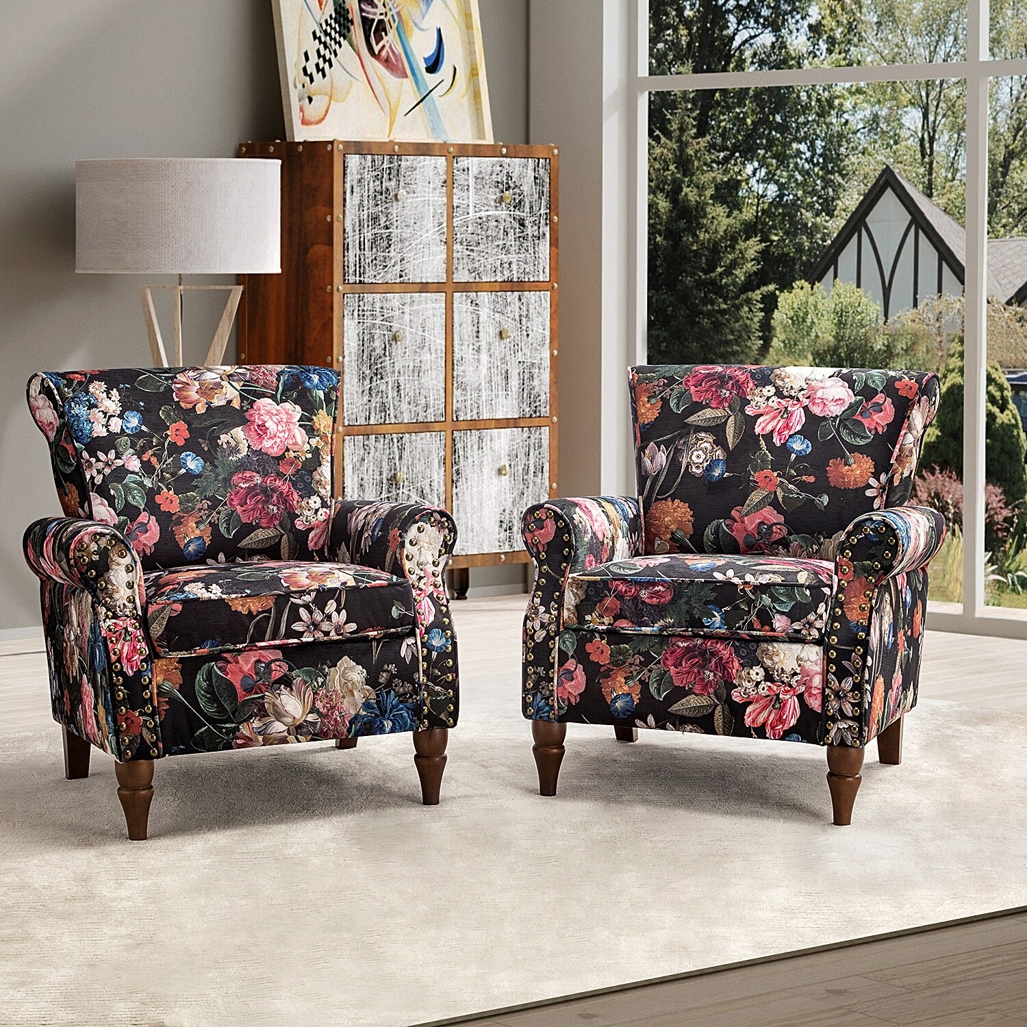 Nyctelius Traditional Nailhead Trim Accent Armchair with Floral Pattern Set of 2 by HULALA HOME