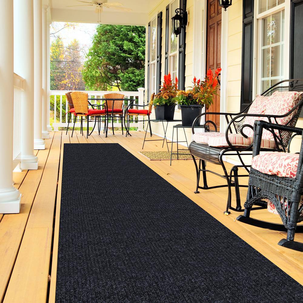 Sweet Home Stores 2 ft. W x 25 ft. L Black Ribbed Waterproof Non-Slip Rubber Back Solid Runner Rug Polypropylene Garage Flooring SH-SRT704-2X25