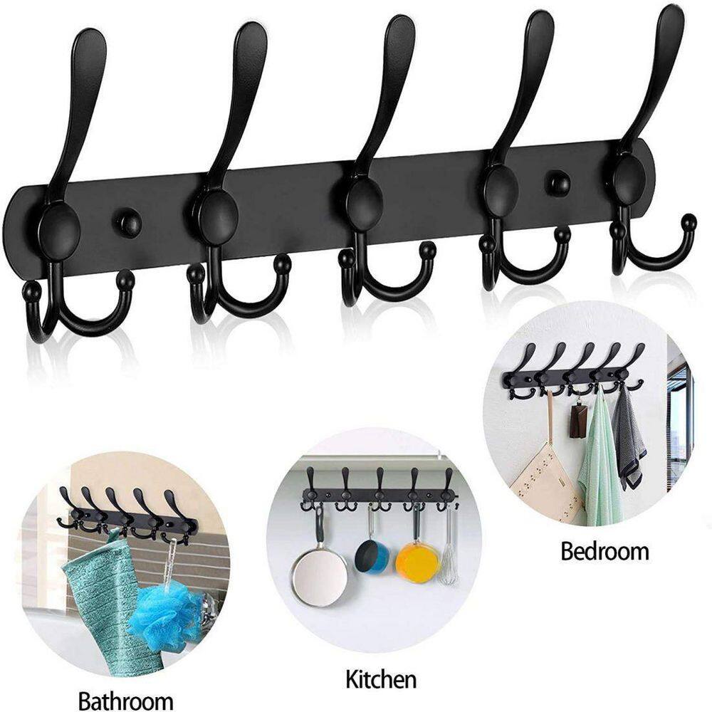 Dracelo Wall Mounted Bathroom Stainless Steel Rack with 5 Hooks in Black 2 Pack B085L6C35K