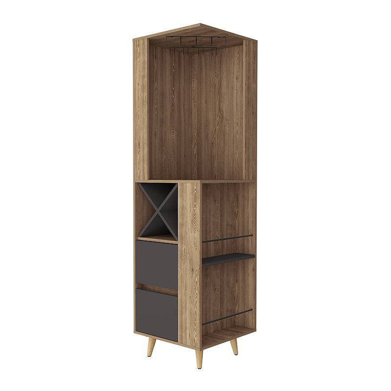 DEPOT E-SHOP Lisbon Corner Bar Cabinet， External Shelves，Drawers， Wine Compartments， Pine/Matt Gray