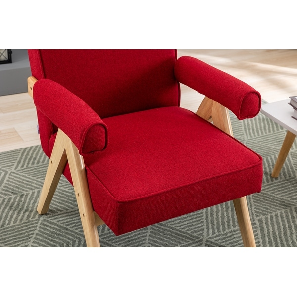 Leisure Armchairs with Solid Wood Armrest and Feet， Mid-Century Modern Accent Chair， for Livingroom Bedroom Chair， Red