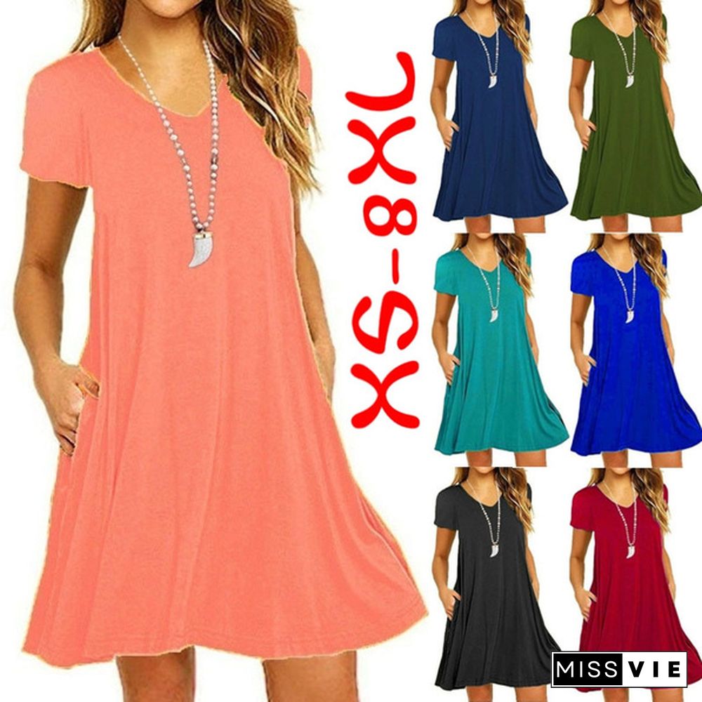 Plus Size Women's Fashion Spring Summer Tunic Dresses Casual Short Sleeve Slim Fit Beach Wear Ruffles Party Dresses with Pockets Deep V-neck Loose Solid Color Pleated Cotton Mini Dress