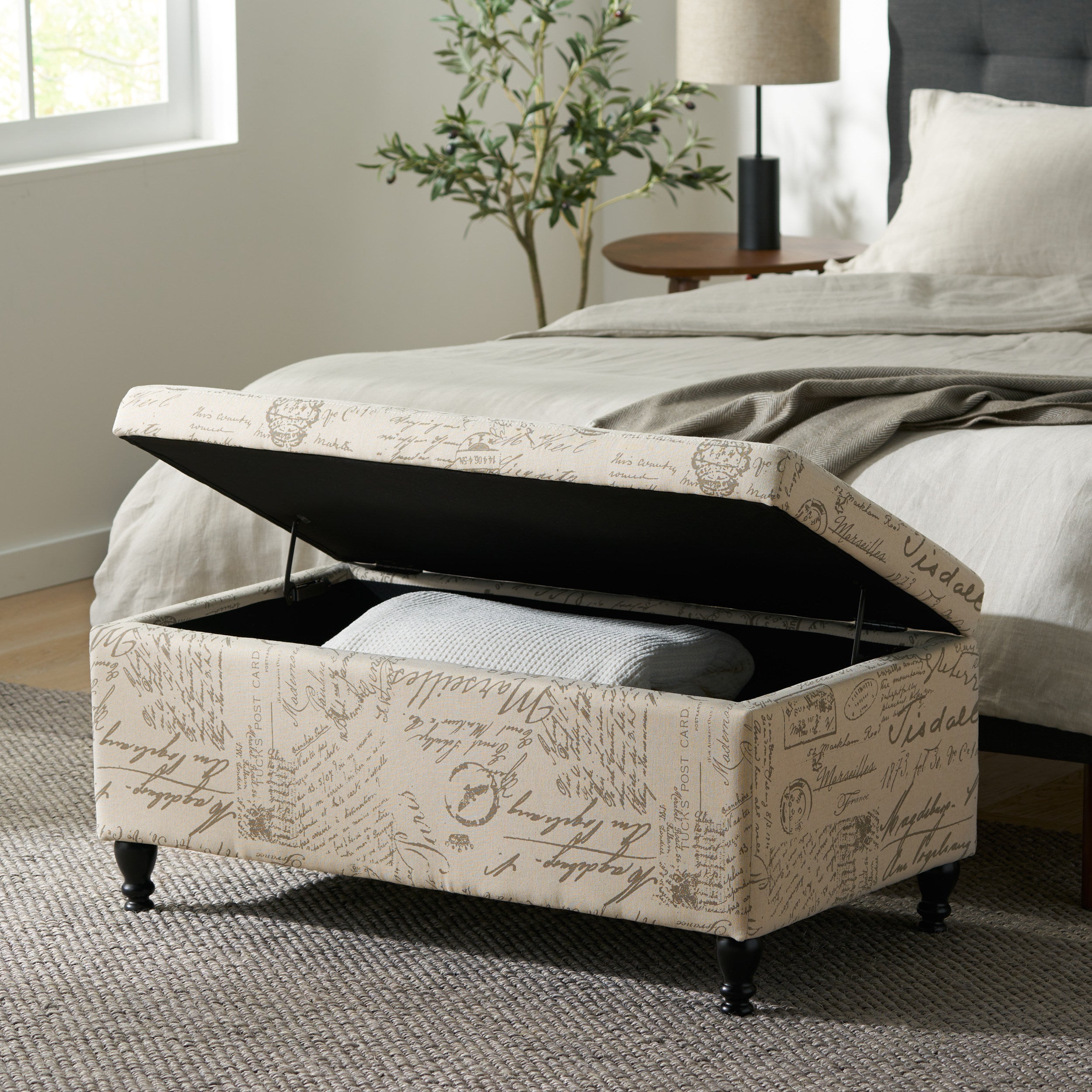 Kingsbury Fabric Storage Ottoman Bench with French Script