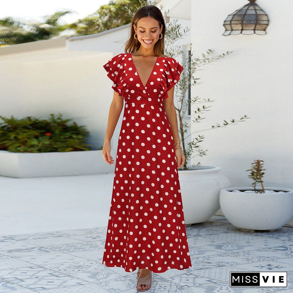 Polka Dot V Neck Cap Sleeve Maxi Dress