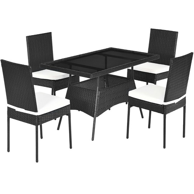 Costway 5pcs Patio Rattan Dining Set Cushioned Chair Table W glass Top Garden Furniture