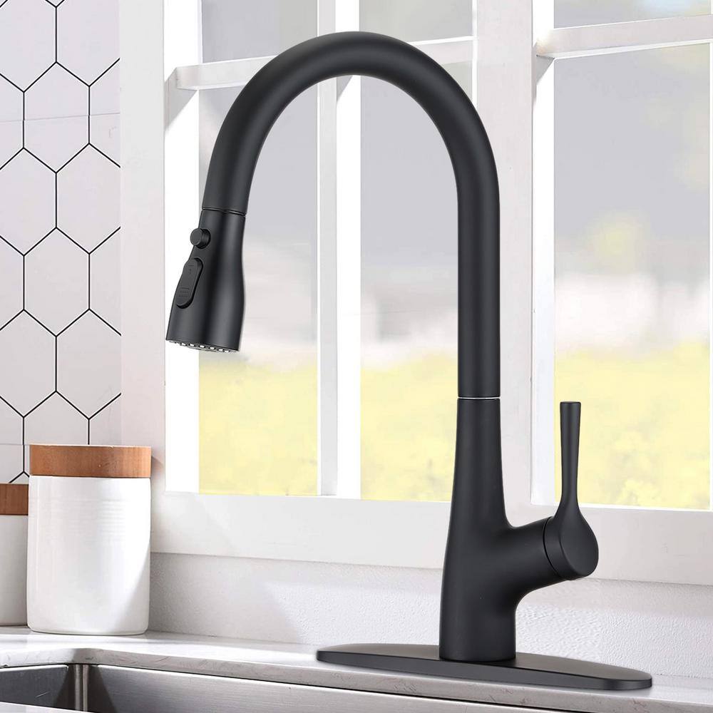 UPIKER Single-Handle Pull Down Sprayer Kitchen Faucet with Deckplate Included and 3 Modes in Matte Black UP2304KFMB0008