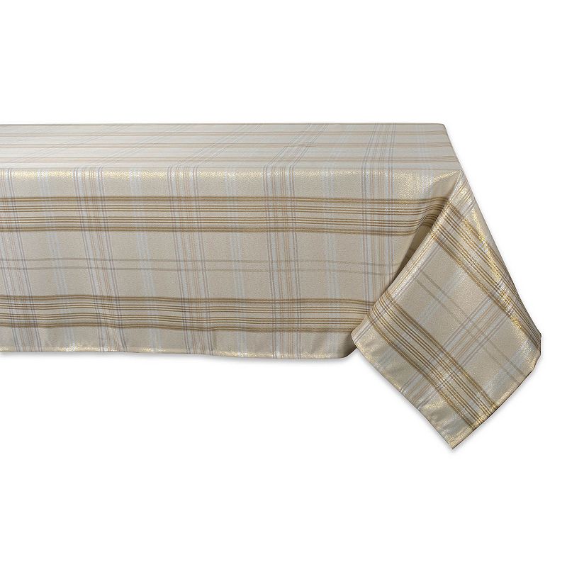 84 Cream White and Brown Metallic Plaid Rectangular Tablecloth