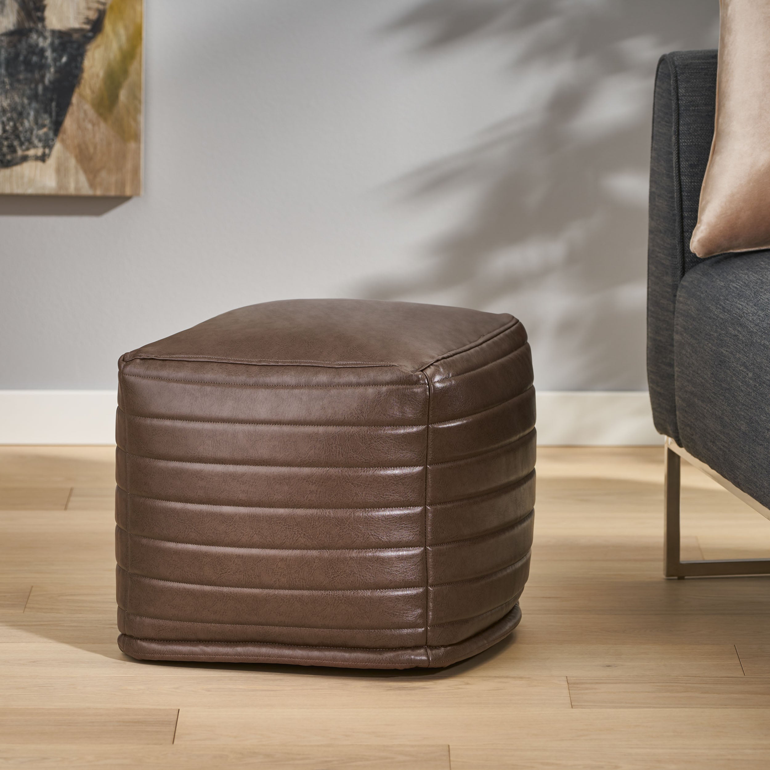 Conrail Contemporary Faux Leather Channel Stitch Pouf