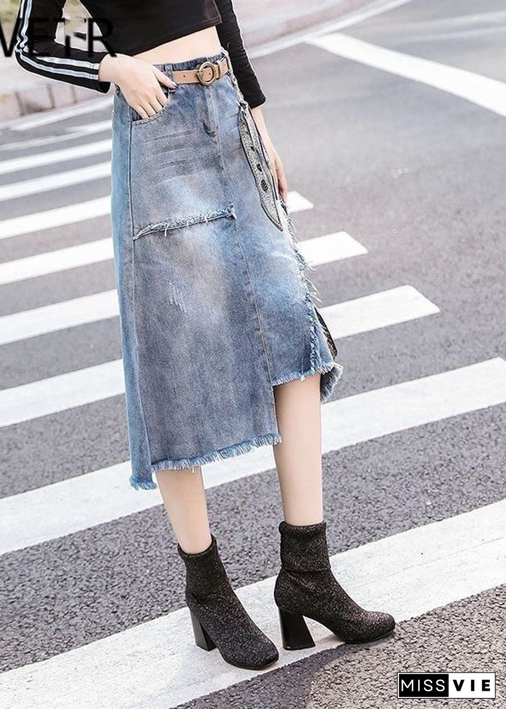 Art Light Blue Asymmetrical Patchwork High Waist Denim Skirt Summer