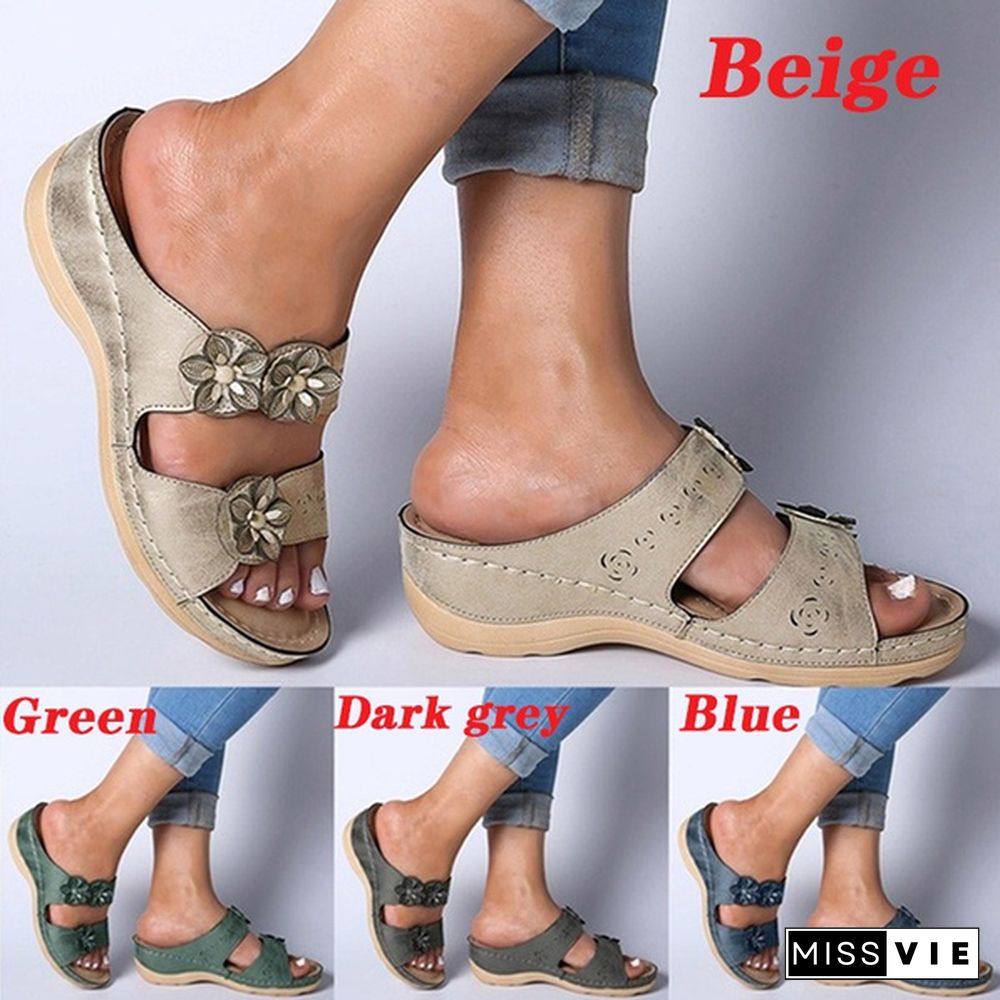 Women Fashion Casual Roman Style Flowers Open Toe Wedge Slippers Sandals