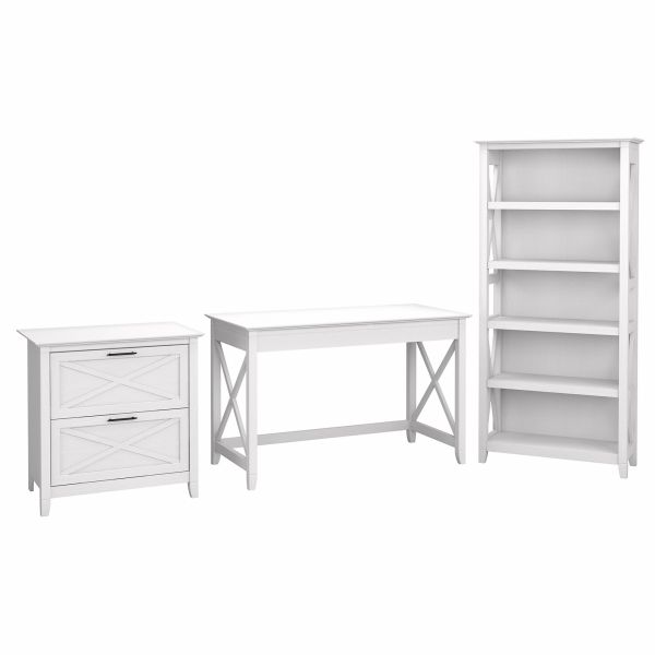 Bush Furniture Key West 48W Writing Desk with 2 Drawer Lateral File Cabinet and 5 Shelf Bookcase in Pure White Oak