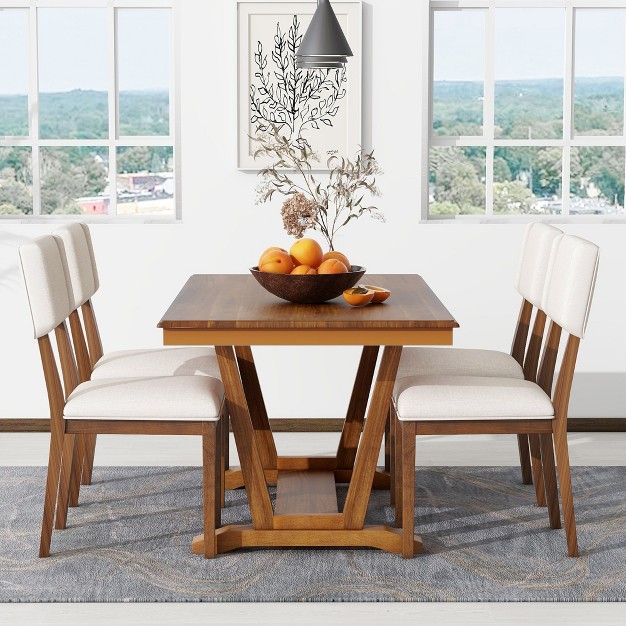 5 Pcs Dining Table Set Rectangular Dining Table With Trestle Table Base And 4 Upholstered Chairs modernluxe