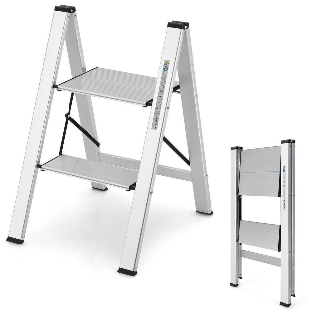 ANGELES HOME 330 lb. Load Capacity Reach Height 8 ft Type IA Duty Rating Folding Aluminum 2-Step Ladder with Non-Slip Pedal 108CKTJ011SL