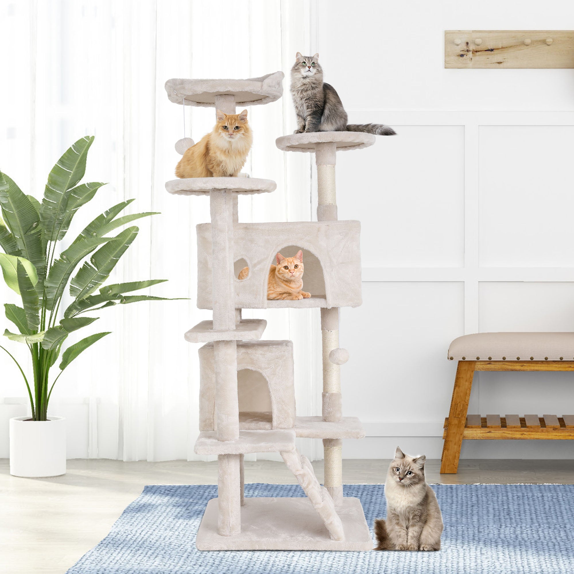 Dkelincs 54 inch Cat Trees and Towers for Indoor Cats， Cat Condo Scratching Post for Adult Cats， Multi-Level Cat Towers for Small Cats， Beige