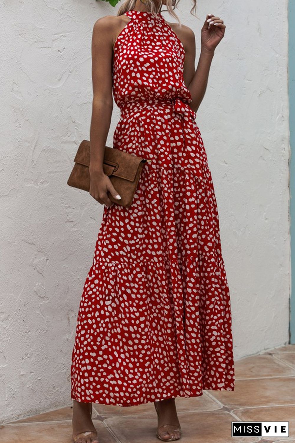 Halter Polka Dot Print Tie Waist Maxi Dress Wholesale