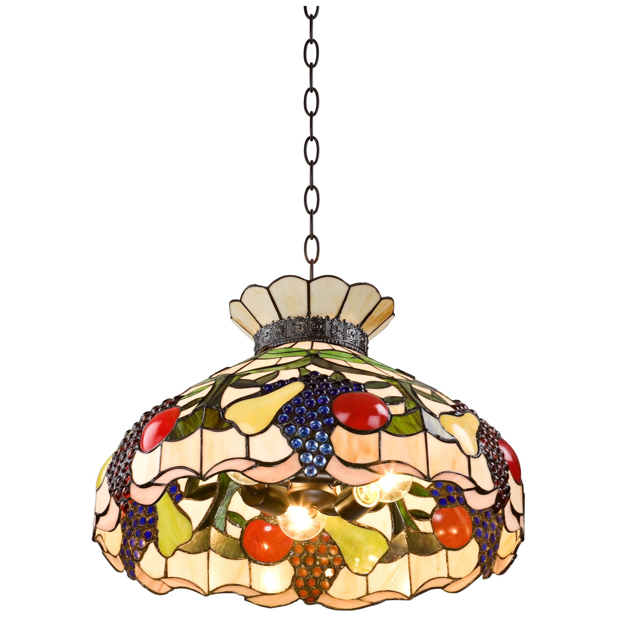 Robert Louis  Bronze Pendant Chandelier 20" Wide 3-Light  Style Ripe Fruit Stained Glass Shade Dining Room Kitchen