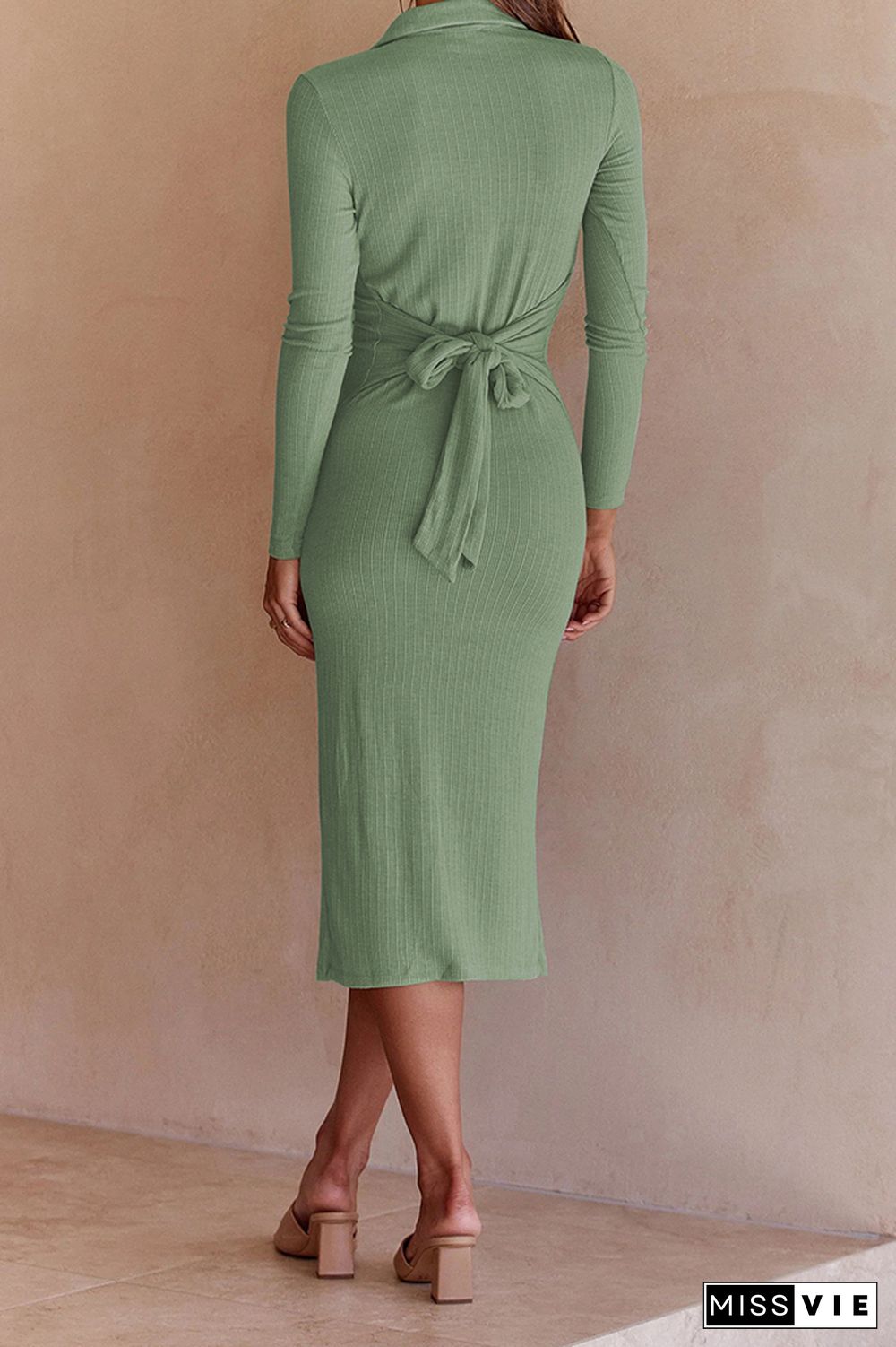 Button Down Split Knit Long Sleeves Midi Dress