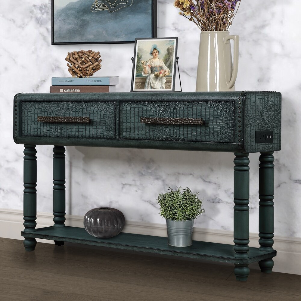 Imitation Crocodile Skin Apperance Sofa Table Wood Console Table with Two Drawers  2 Power Outlets and 2 USB Ports