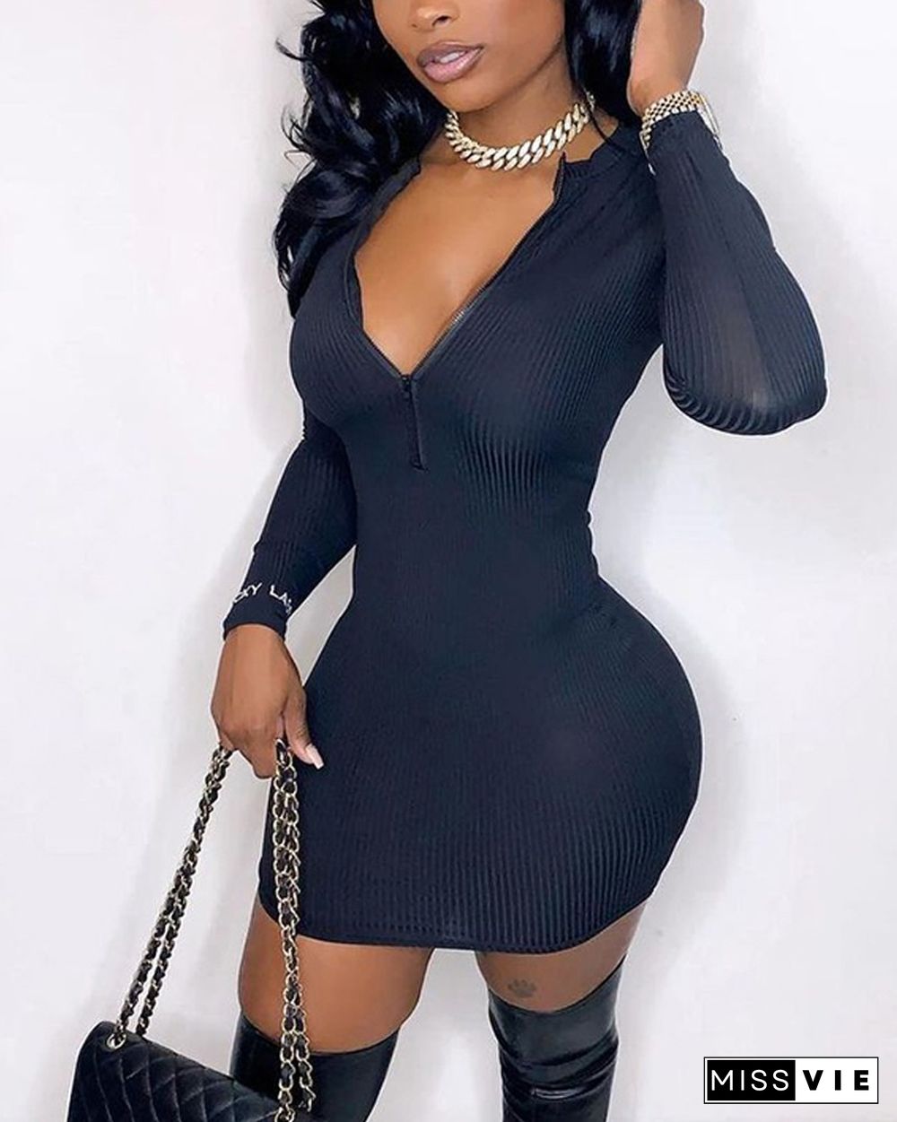 Solid Color Ribbed Long Sleeve Skinny Mini Dress