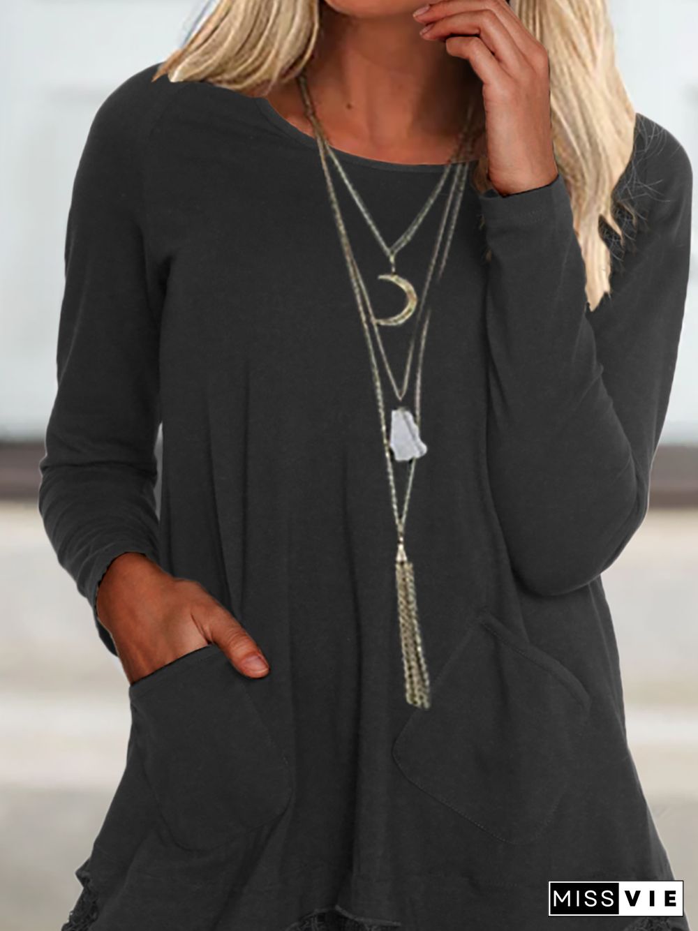 Plus size Long Sleeve Lace Casual T-shirt