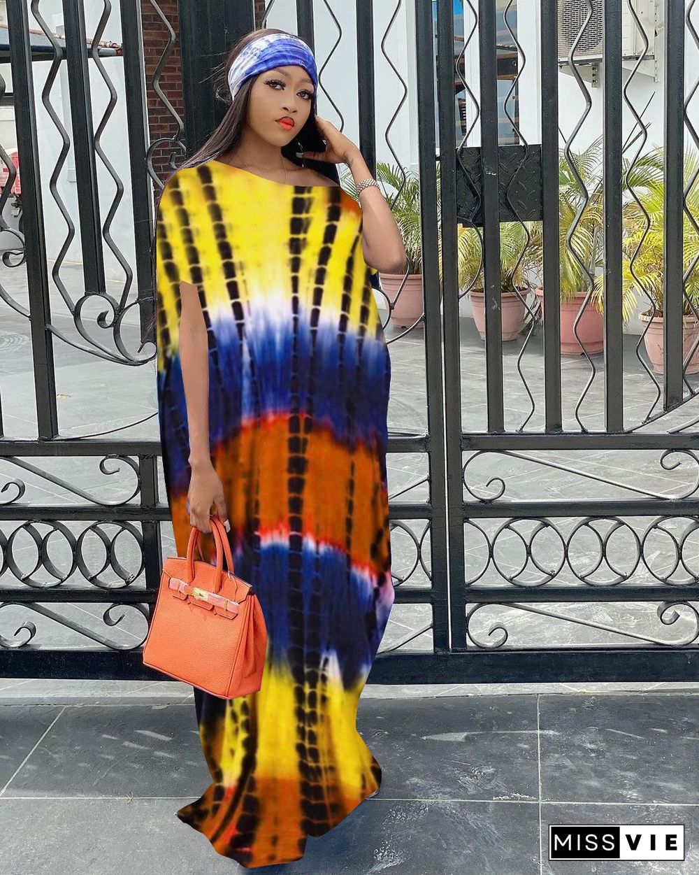 Summer Tie Dye Print Diagonal Callar Short Sleeve Casual Women Pullover Loose Long Dress