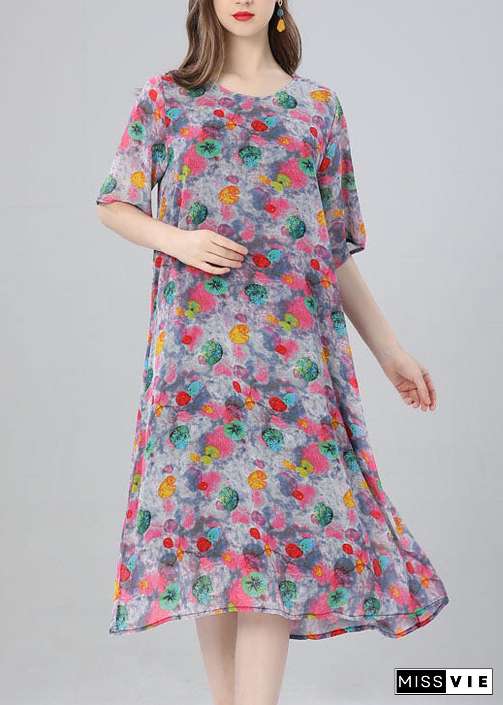 Women Floral O Neck Print Patchwork Chiffon Dress Summer