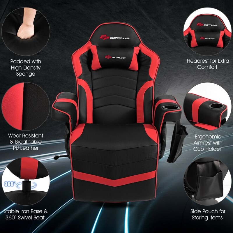 PU Leather Massage Gaming Chair, Ergonomic High Back Racing Style Gaming Recliner with Adjustable Backrest & Footrest, Cup Holder, Side Pouch