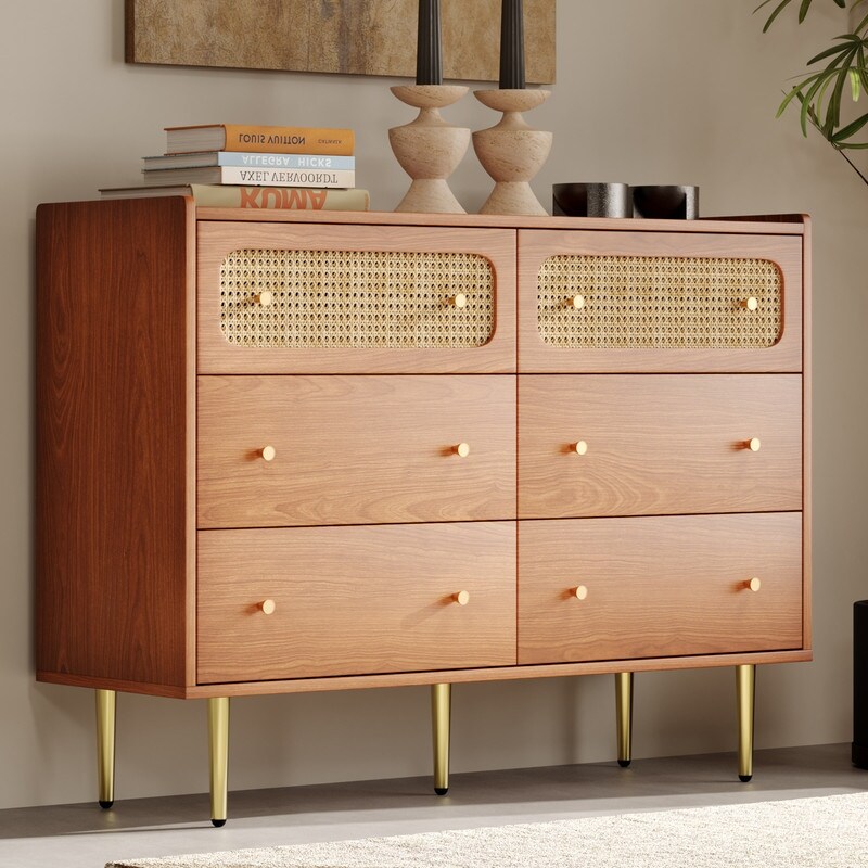 Rattan 6 Drawers Dresser for Bedroom  4 Legs Lockers